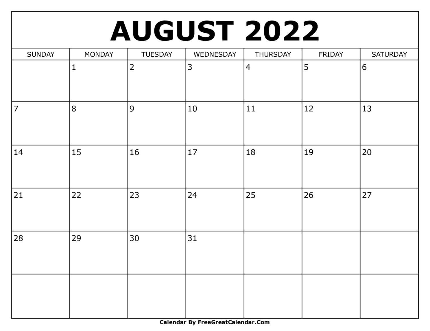 Free Printable August 2022 Calendar Free Printable August 2022 Calendar