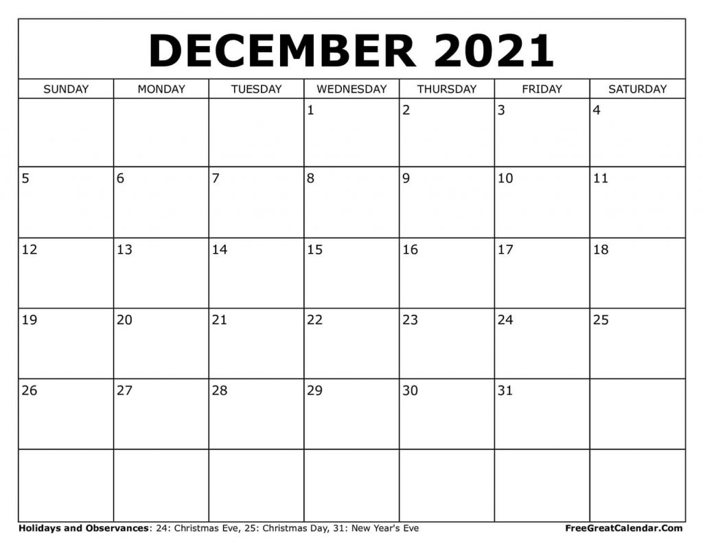 Calendar For December 2021 Printable Free
