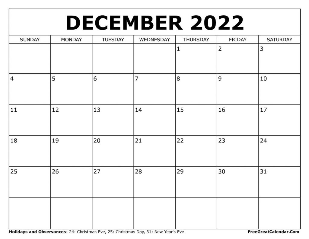 Free Printable December 2021 Calendar