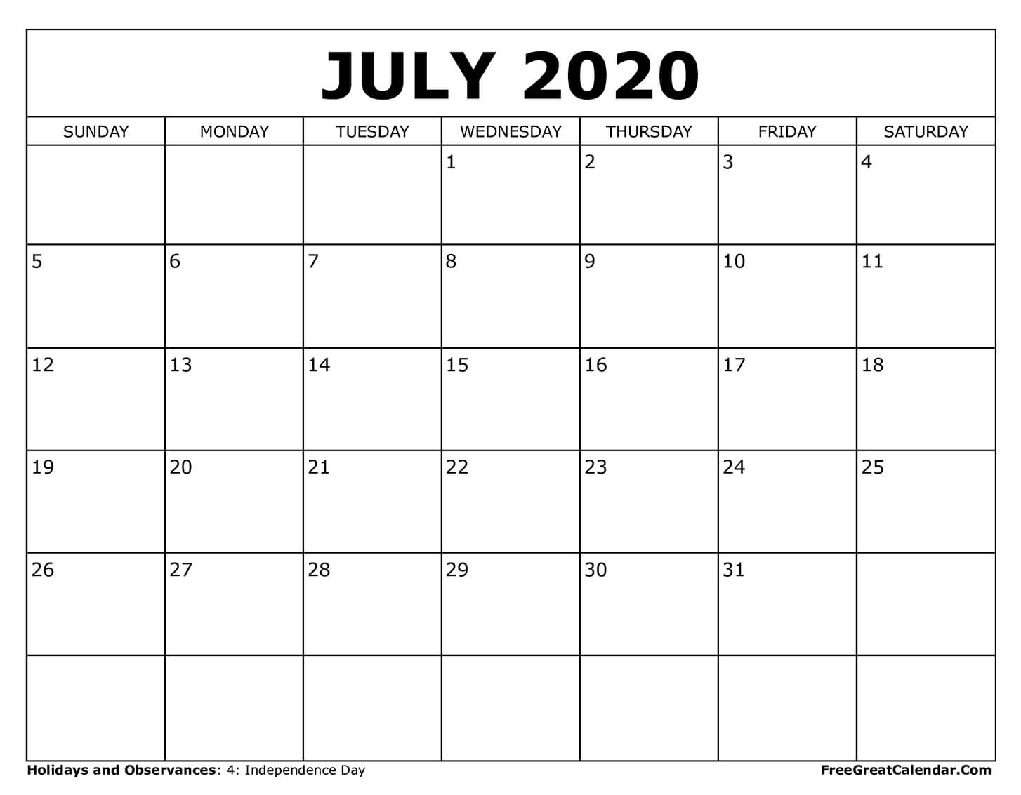 July 2020 Calendar